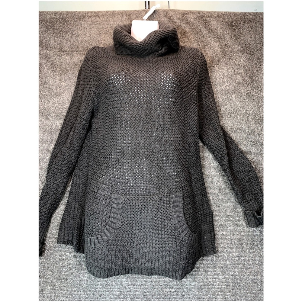 Old Navy Cowl Neck Tunic Sweater M Fisherman Black Knit Pocket Cozy Grunge